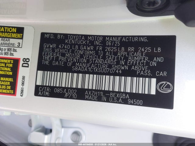2025 Lexus Es 300h მანქანა იყიდება აუქციონზე, vin: 58ADA1C1XSU070744, აუქციონის ნომერი: 44194558
