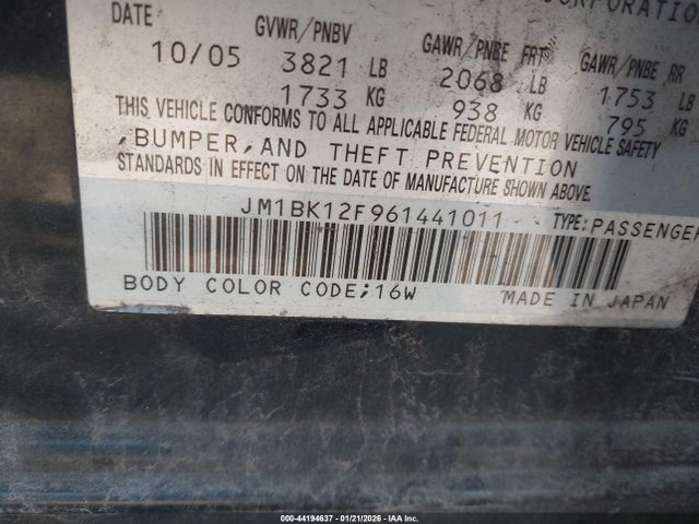 Продаж на аукціоні авто 2006 Mazda Mazda3 I, vin: JM1BK12F961441011, номер лоту: 44194637