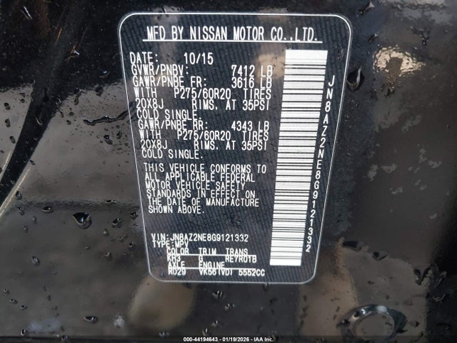 44194643 :رقم المزاد ، JN8AZ2NE8G9121332 vin ، 2016 Infiniti Qx80 Limited مزاد بيع