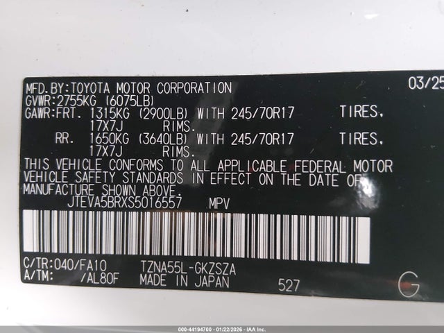 JTEVA5BRXS5016557 Toyota 4RUNNER SR5