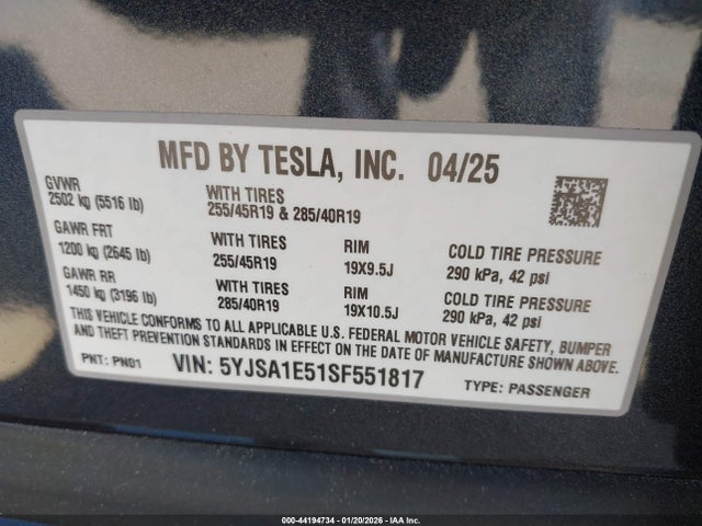 2025 TESLA MODEL S 5YJSA1E51SF551817 Photo 8