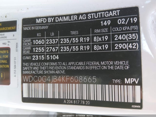Aukcja sprzedaży 2019 Mercedes-benz Glc 300, vin: WDC0G4JB4KF608665, numer aukcji: 44194777