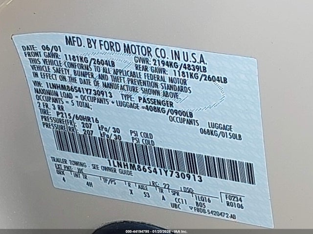 2001 LINCOLN LS 1LNHM86S41Y730913 Photo 8