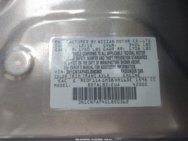 3N1CN7AP4GL850362 Nissan Versa 1.6 Sv