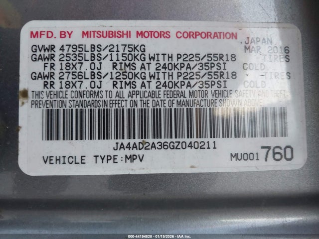 2016 MITSUBISHI OUTLANDER JA4AD2A36GZ040211 Photo 8