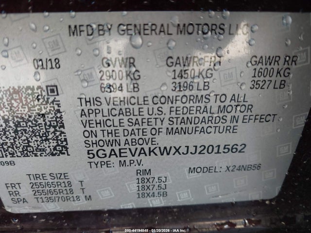 2018 Buick Enclave Essence მანქანა იყიდება აუქციონზე, vin: 5GAEVAKWXJJ201562, აუქციონის ნომერი: 44194848