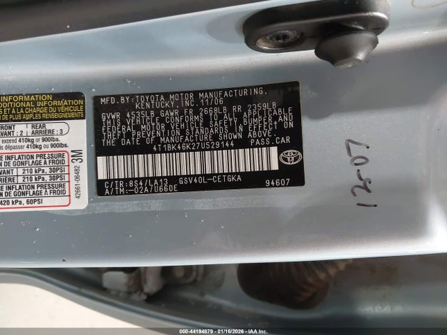 Продажа на аукционе авто 2007 Toyota Camry Xle V6, vin: 4T1BK46K27U529144, номер лота: 44194879