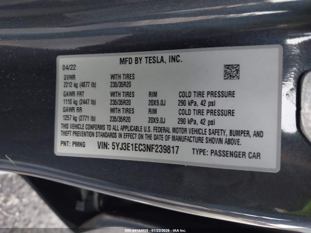 Aukcja sprzedaży 2022 Tesla Model 3 Performance Dual Motor All-wheel Drive, vin: 5YJ3E1EC3NF239817, numer aukcji: 44194908
