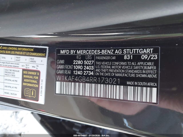 Aukcja sprzedaży 2024 Mercedes-benz C 300, vin: W1KAF4GB4RR173021, numer aukcji: 44194957
