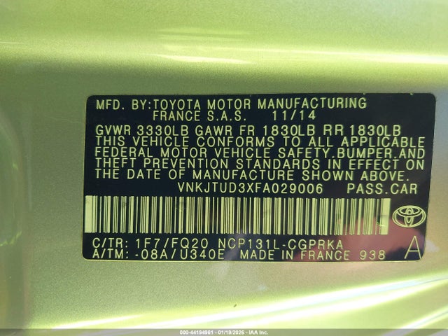 VNKJTUD3XFA029006 Toyota YARIS L