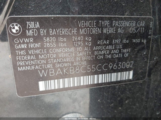 Aukcja sprzedaży 2012 Bmw 750li, vin: WBAKB8C55CC963002, numer aukcji: 44195000