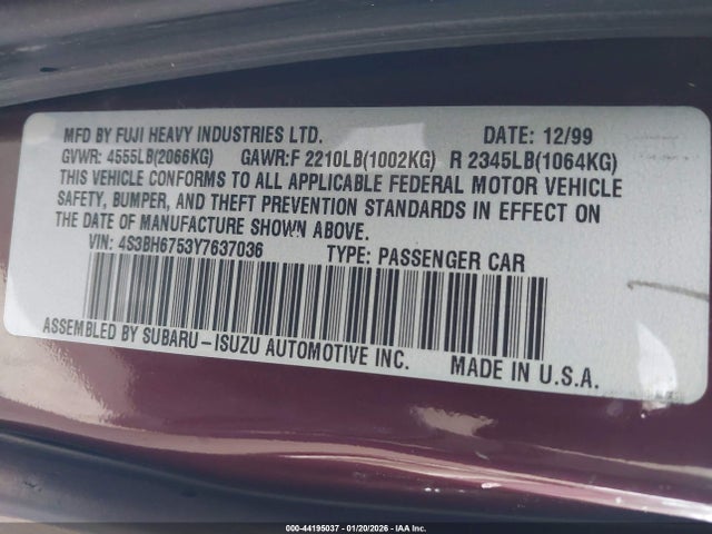 44195037 :رقم المزاد ، 4S3BH6753Y7637036 vin ، 2000 Subaru Outback مزاد بيع