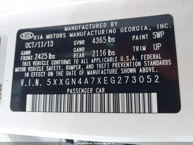 2014 Kia Optima Ex მანქანა იყიდება აუქციონზე, vin: 5XXGN4A7XEG273052, აუქციონის ნომერი: 44195105