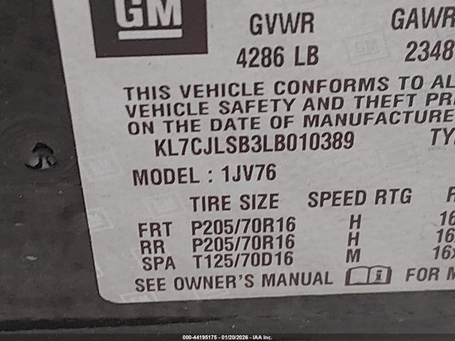 KL7CJLSB3LB010389 Chevrolet Trax Fwd Lt