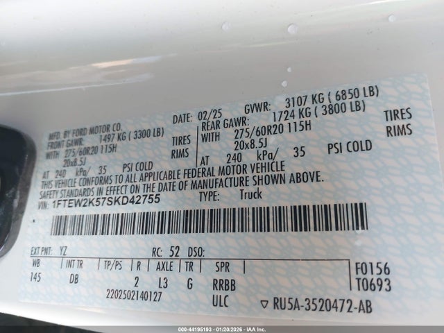 44195193 :رقم المزاد ، 1FTEW2K57SKD42755 vin ، 2025 Ford F-150 Stx مزاد بيع