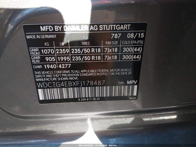 Aukcja sprzedaży 2015 Mercedes-benz Gla 250, vin: WDCTG4EBXFJ178487, numer aukcji: 44195222