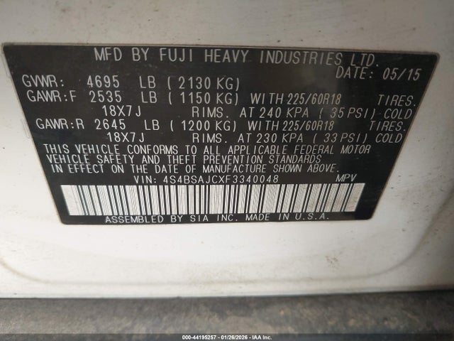 Aukcja sprzedaży 2015 Subaru Outback 2.5i Limited, vin: 4S4BSAJCXF3340048, numer aukcji: 44195257