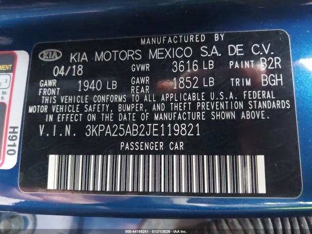 3KPA25AB2JE119821 KIA RIO S