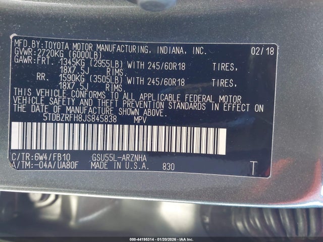 5TDBZRFH8JS845838 Toyota Highlander Le