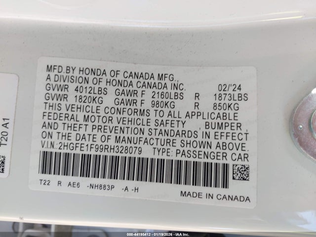 Honda Civic Touring 2024 2HGFE1F99RH328079 Image 9