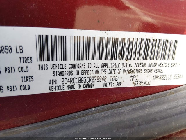 2012 Chrysler Town & Country Touring მანქანა იყიდება აუქციონზე, vin: 2C4RC1BG3CR278948, აუქციონის ნომერი: 44195513