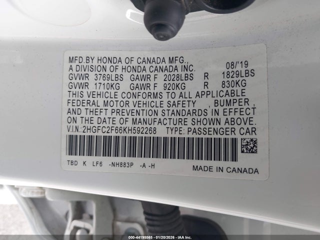 Honda Civic Lx 2019 2HGFC2F66KH592268 Image 9