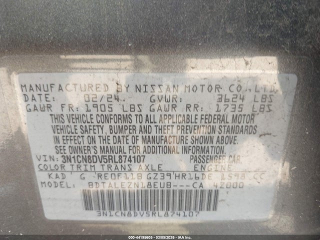 Aukcja sprzedaży 2024 Nissan Versa 1.6 S, vin: 3N1CN8DV5RL874107, numer aukcji: 44195605