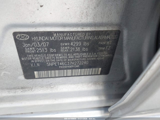 Aukcja sprzedaży 2007 Hyundai Sonata Gls, vin: 5NPET46C37H272240, numer aukcji: 44195608