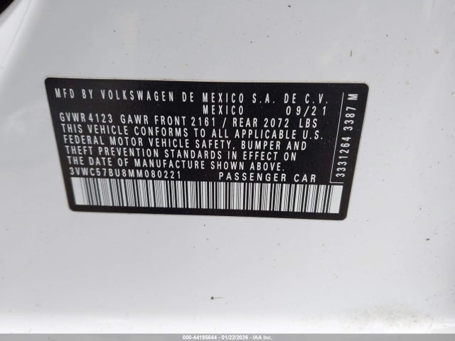 44195644 :رقم المزاد ، 3VWC57BU8MM080221 vin ، 2021 Volkswagen Jetta 1.4t R-line/1.4t S/1.4t Se مزاد بيع