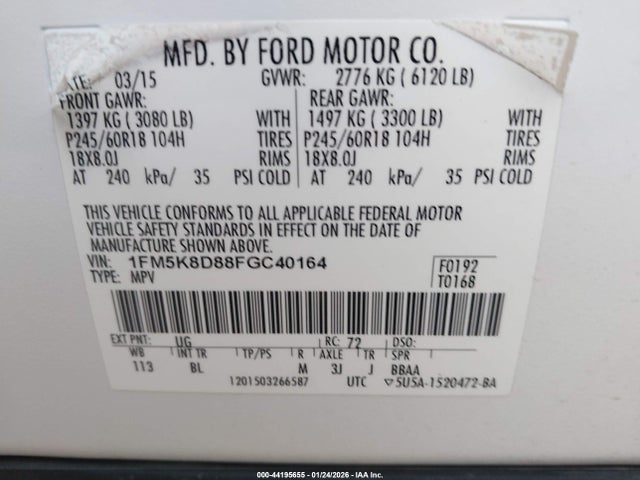 Ford EXPLORER XLT 2015 1FM5K8D88FGC40164 Image 9
