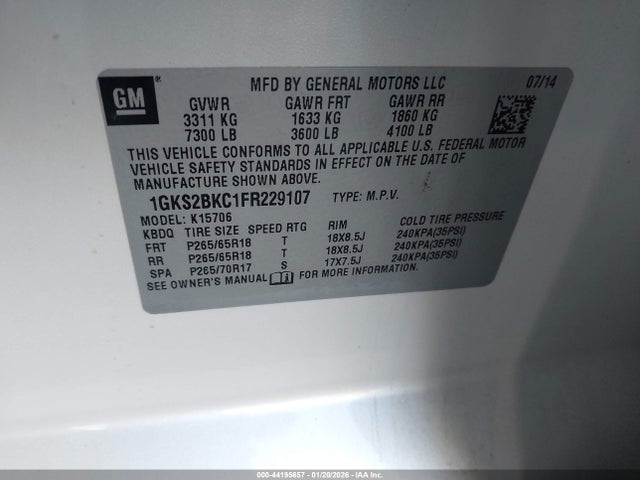 1GKS2BKC1FR229107 GMC YUKON SLT
