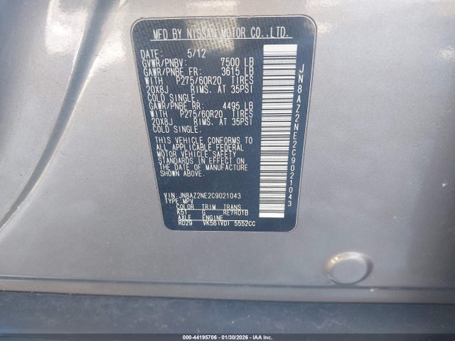 Aukcja sprzedaży 2012 Infiniti Qx56, vin: JN8AZ2NE2C9021043, numer aukcji: 44195706