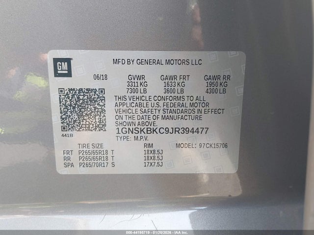 1GNSKBKC9JR394477 Chevrolet Tahoe Lt