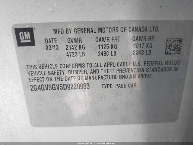 44195731 :رقم المزاد ، 2G4GV5GV5D9220983 vin ، 2013 Buick Regal Gs مزاد بيع
