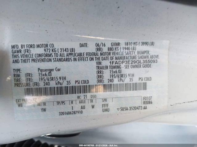 44195769 :رقم المزاد ، 1FADP3E29GL355093 vin ، 2016 Ford Focus S مزاد بيع