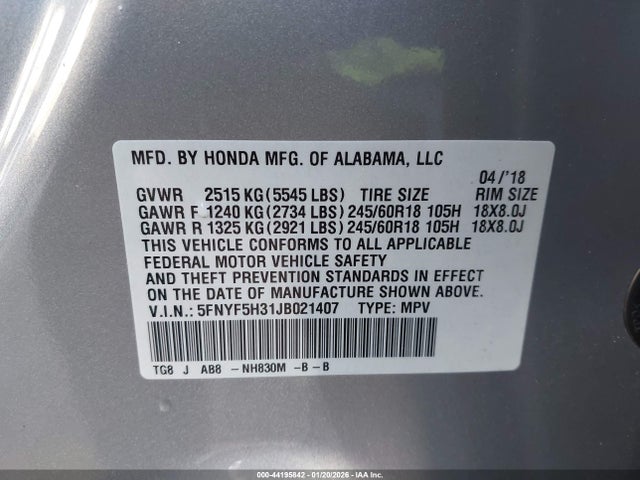 Auction sale of the 2018 Honda Pilot Ex, vin: 5FNYF5H31JB021407, lot number: 44195842