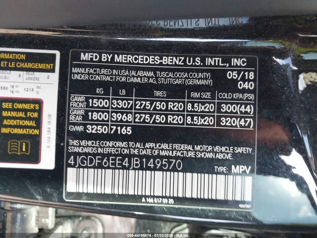 Aukcja sprzedaży 2018 Mercedes-benz Gls 450 4matic, vin: 4JGDF6EE4JB149570, numer aukcji: 44195874