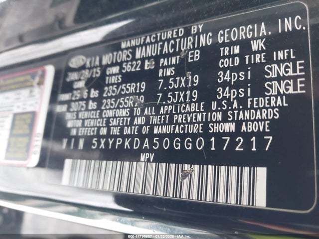 5XYPKDA50GG017217 KIA Sorento 3.3l Sxl