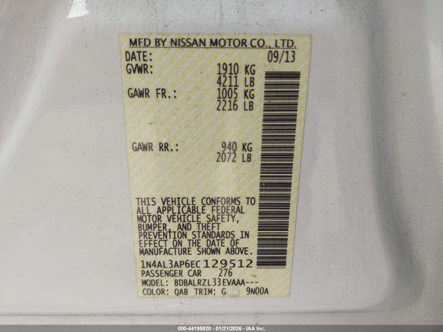 1N4AL3AP6EC129512 Nissan Altima 2.5 S