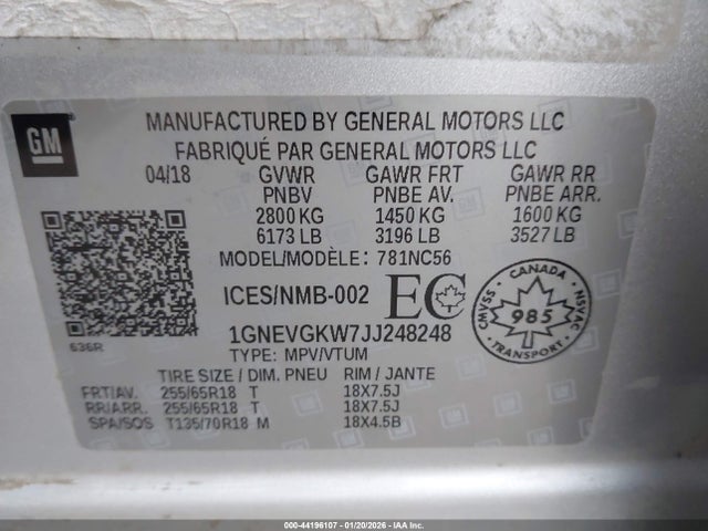 1GNEVGKW7JJ248248 Chevrolet Traverse Lt Cloth