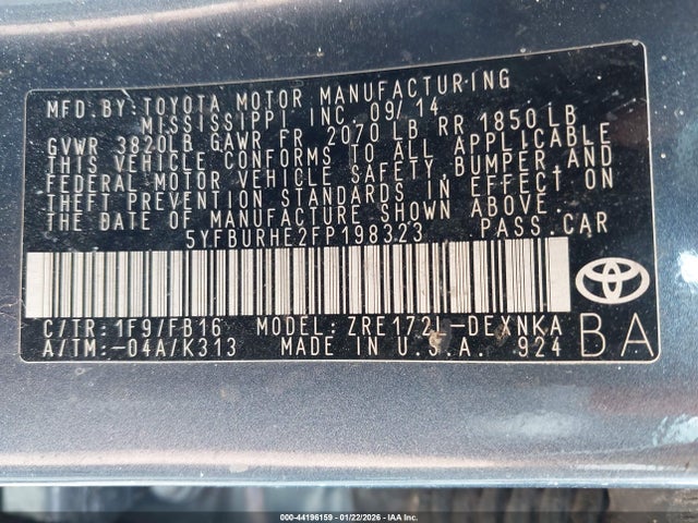 Продаж на аукціоні авто 2015 Toyota Corolla L/le/le Pls/prm/s/s Pls, vin: 5YFBURHE2FP198323, номер лоту: 44196159