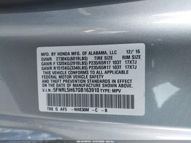 5FNRL5H67GB163910 Honda Odyssey Ex-l