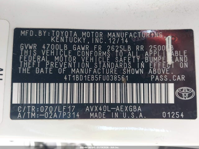 4T1BD1EB5FU038561 Toyota Avalon Hybrid Xle Premium