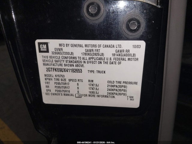 44196241 :رقم المزاد ، 2GTFK69UX41182653 vin ، 2004 Gmc Sierra 1500 Denali مزاد بيع