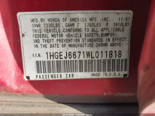 Продаж на аукціоні авто 1998 Honda Civic Lx, vin: 1HGEJ6671WL011818, номер лоту: 44196259