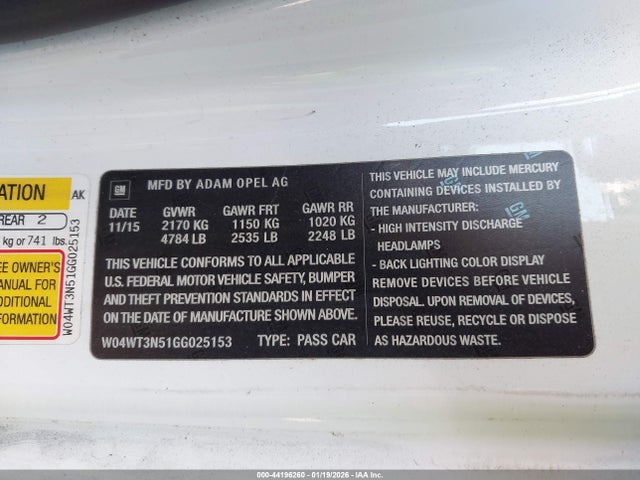 Продаж на аукціоні авто 2016 Buick Cascada Premium, vin: W04WT3N51GG025153, номер лоту: 44196260