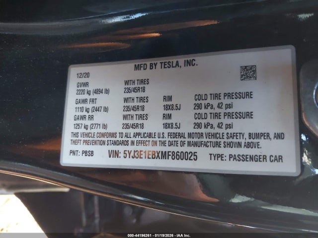 Aukcja sprzedaży 2021 Tesla Model 3 Long Range Dual Motor All-wheel Drive, vin: 5YJ3E1EBXMF860025, numer aukcji: 44196261