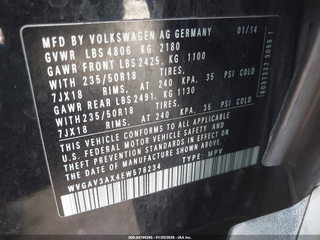 WVGAV3AX4EW578234 Volkswagen Tiguan Sel