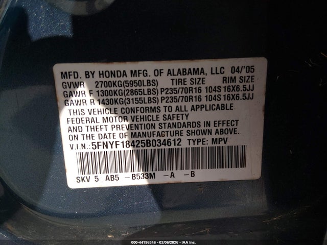 2005 Honda Pilot Ex მანქანა იყიდება აუქციონზე, vin: 5FNYF18425B034612, აუქციონის ნომერი: 44196346