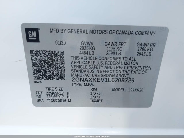 2GNAXKEV1L6208729 Chevrolet Equinox Fwd Lt 1.5l Turbo